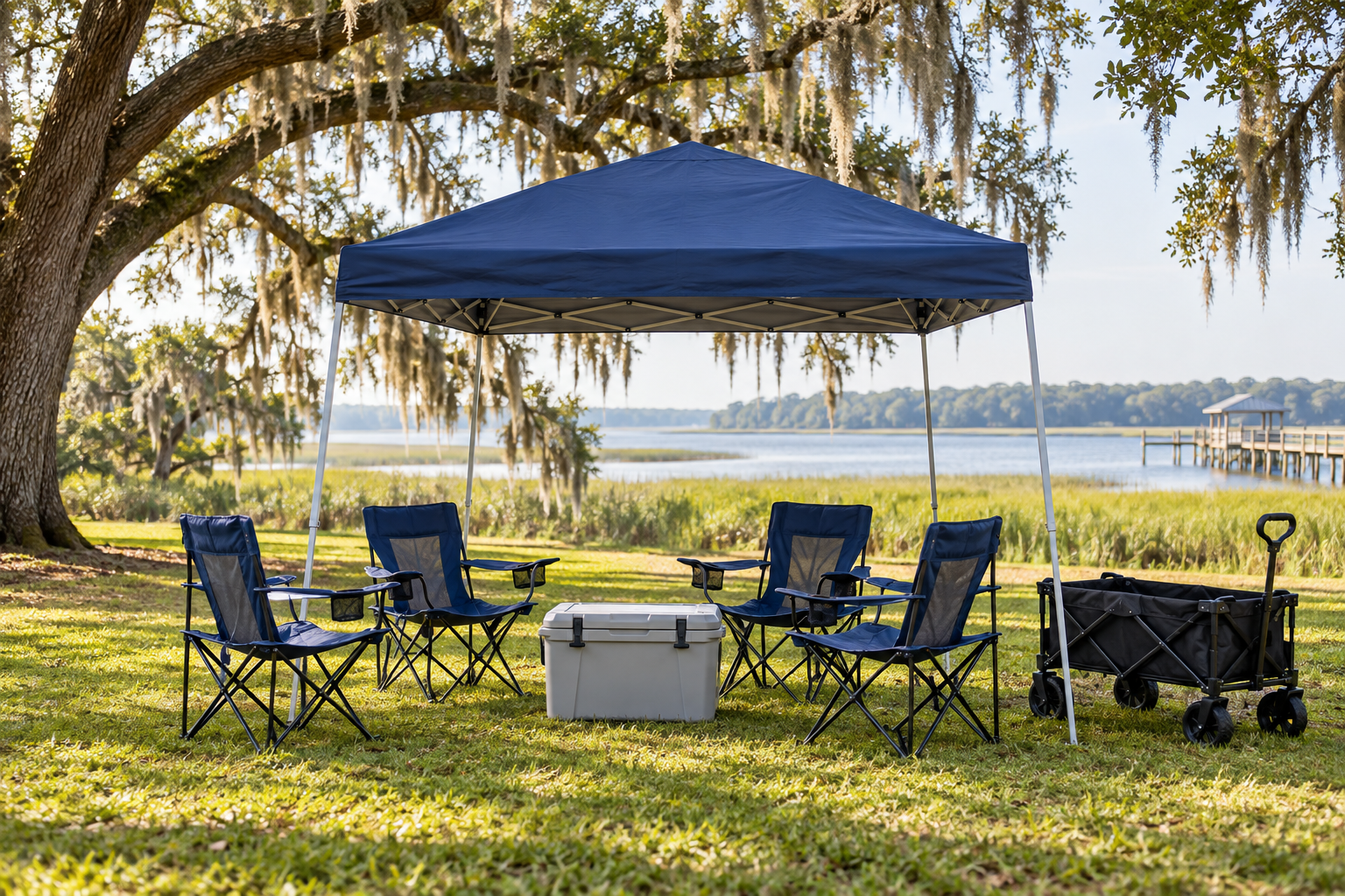 Canopy, four chairs, cooler and wagon set up beside a Lowcountry waterway